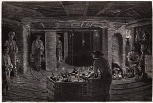 Frühstück in der Mine, Verteilung und Verzehr von Korbmahlzeiten an Bergleute in den Kohlebergwerksgalerien von Creusot. Illustration einer Reise nach Creusot und den Minen von Saone und Loire, 1865, von L. Simonin, in 