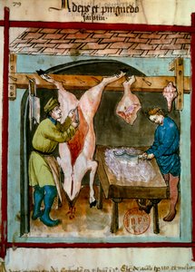 Schlachtung: das Zerlegen eines Schweins, Illumination aus dem „Tacuinum sanitatis“ von Unknown artist