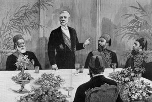 Kairo: Stanley (Sir Henry Morton) (1841 - 1904) hält eine Rede bei seinem Bankett. Gravur des 19. Jahrhunderts