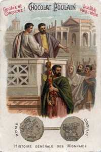 Caius Licinius Calvus Stolon trägt zur politischen Machtübernahme der Plebejer bei, indem er ihnen Zugang zum Konsulat verschafft. In Allgemeine Münzgeschichte. Schokoladen-Fohlen-Chromolithographie des späten 19. Jahrhunderts. Private Sammlung.