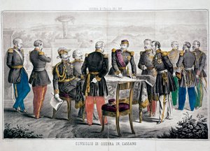 Italienfeldzug 1859: Kriegsrat von Cassano, der das Treffen von Vittorio Emanuele II. und Kaiser Napoleon III. sieht von Unknown artist