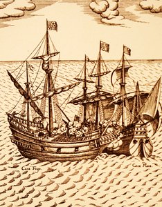 Eroberung der spanischen Galeone Cagafuego durch die Golden Hind unter der Führung von Francis Drake im März 1579 (Gravur)