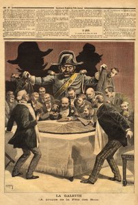 Karikaturillustration „la galette“, über das Fest der Könige, bei dem der Bankier den Kuchen schneidet, alle stürzen sich darauf, um ein Stück zu bekommen und finden statt einer Bohne den Gendarmen. Gravur in „Le petit journal“ 7/01/1893. Sammlung Selva.