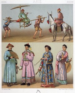 Tragestühle, Reiter und Kostüme in China - in „Le costume historique“ von Racinet von Unknown artist