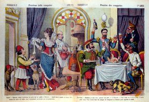 Karikatur der italienischen Zeitung „Le Parroquet“ (il Pappagallo) zum Berliner Kongress (Congresso di Berlino) 1878 (Diplomatische Konferenz). Der Berliner Kongress wurde abgehalten, um Russlands Ungerechtigkeiten gegenüber der Türkei zu überprüfen: Türke
