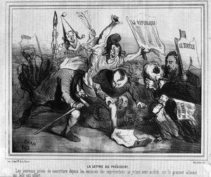 Karikatur zur Wahlkampagne für die erste Präsidentschaftswahl am 10. Dezember 1848 mit der Schlacht der Zeitungen von Unknown artist