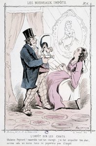 Katzensteuer: „Madame Papinard! Sammeln Sie all Ihren Mut. Ich habe Ihre Katze ausgestopft, also zahlen wir zumindest keine Steuer“ - Karikatur von Unknown artist