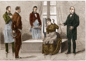 Katalepsie unter dem Einfluss von Klang (Stimmgabel). Der französische Neurologe Jean Martin Charcot (1825-1893) (rechts) demonstriert Hypnose an einem Patienten im Krankenhaus Salpêtrière. Illustration aus „Nature“ 1879 von Unknown artist