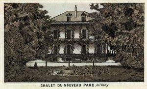 Chalet des neuen Parks von Vichy (Allier und die Auvergne-Region). Chromolithographie des späten 19. Jahrhunderts