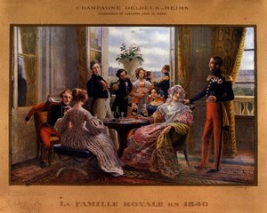 Champagner am königlichen Tisch im Jahr 1840 - Werbeplakat für Delbeck Champagner „Lieferant des ehemaligen französischen Hofes“, späte 19. Jahrhundert