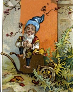 Charakter des Zwerges oder Kobolds sitzend. Chromolithographie des 19. Jahrhunderts