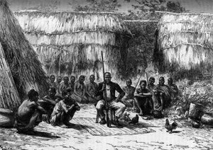 Häuptling Makoloko umgibt seinen Hof in Afrika. Gravur in „The Journal of Youth“ von Unknown artist