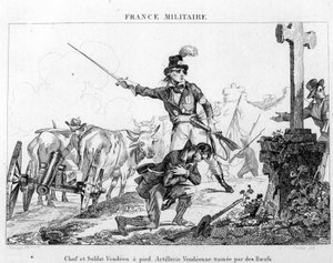 Häuptling und Soldat zu Fuß. Vendeanische Artillerie, gezogen von Ochsen. Gravur des 19. Jahrhunderts von Unknown artist