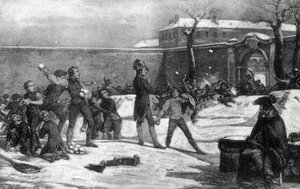 Kindheit von Napoleon I. Bonaparte (1769 - 1821) an der Militärschule von Brienne le Chateau (Aube) im Jahr 1782: Napoleon mitten in einer Schneeballschlacht zwischen Kindern. von Unknown artist