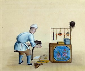 Chinesischer Händler schärft Scheren zum Schneiden von Silberbarren (Zeichnung des 17. Jahrhunderts) von Unknown artist