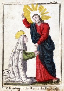 Christus und die heilige Radegunde (ca. 520 - 587), Königin von Frankreich, Ehefrau von Chlothar I. Frommes Bild. Gravur aus dem frühen 19. Jahrhundert. Bibliothèque des Arts Décoratifs de Paris.