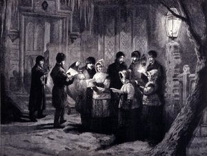 Weihnachtsnacht in Kanada: Lesungen und Gebete. Gravur des 19. Jahrhunderts