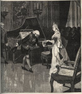 Christoph Willibald Gluck vor der Königin Marie-Antoinette in Trianon - Christoph Willibald Gluck (1714-1787), deutscher Komponist, spielt vor Königin Marie Antoinette in Trianon - Gravur in „Populäre Musik“ illustriertes Wochenblatt - 1882 von Unknown artist