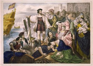Christoph Kolumbus und die Brüder Pinzon verlassen den Hafen von Palos in Spanien am 03/08/1492 für die Neue Welt. Gravur 2. Hälfte des 19. Jahrhunderts von Unknown artist