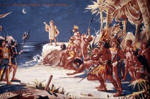 Christoph Kolumbus sagt den Indianern die Mondfinsternis voraus. Chromolithographie aus dem 19. Jahrhundert