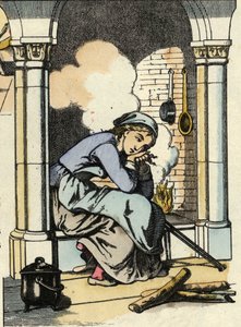 Aschenputtel träumt von einem besseren Leben am Küchenherd. Illustration des Märchens „Aschenputtel oder Der kleine Glasschuh“ von Charles Perrault von Unknown artist
