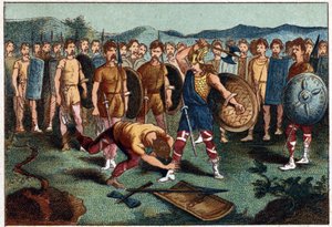 Clovis (465-511) und der fränkische Krieger, der 486 die Vase von Soissons zerbrach - Clovis I. erschießt den Soldaten, der die Vase von Soissons zerbrochen hatte, 486. Chromolithographie aus dem 19. Jahrhundert von Unknown artist