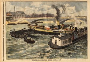 Kollision auf der Seine zwischen einem englischen Dampfschiff und einem Pariser Omnibus-Peniche, in Höhe der königlichen Brücke. Gravur in „Le petit journal“ 7/02/1897. Selva Sammlung. von Unknown artist
