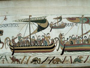 Eroberung Englands durch Wilhelm den Eroberer (1027-1087) im Jahr 1066: Die normannischen Flotten steuern auf England zu. Detail des Teppichs von Bayeux oder der Stickerei von Königin Mathilde