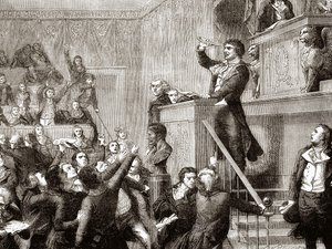 Konvention vom 21. September 1792: Jean Paul Marat am Rednerpult - Gravur in „Geschichte Frankreichs“ von Henri Martin von Unknown artist