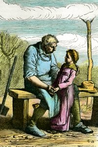 Cosette und Jean Valjean. Illustration für den Roman „Les Misérables“ von Victor Hugo (1802-1885) Gravur von 1865 Private Sammlung