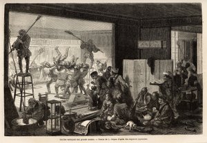 Kulis (Diener) reinigen ein großes Haus für die Neujahrsvorbereitungen, diese Reinigung endet mit freudigen und grotesken Manifestationen: Entfernung desjenigen, der seine Aufgabe schlecht erfüllt hat. Gravur zur Illustration der Reise nach Japan, von Aime von Unknown artist