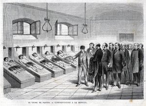 Verbrechen von Pantin im Oktober 1869. Konfrontation in der Leichenhalle. Gravur von 1869