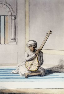 Kultur, Zivilisation und indische Gesellschaft: Musiker spielt Thambourah (Tamboura), traditionelles Instrument Indiens. Gravur 1808 von Unknown artist
