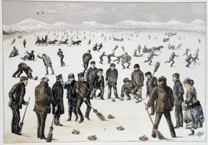 Curling auf einem zugefrorenen See in der Nähe von Halifax, Nova Scotia - in Sketches of canadian sports and pastimes von Lieut. Henry Buckton Laurence