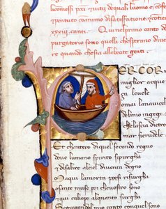 Dante Alighieri: Divina Commedia (Göttliche Komödie) Anfang des Purgatoriums. Dante und Virgil. Manuskript aus dem 14. Jahrhundert. Milano bibl. Trivulziana