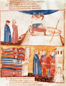 Dante und Virgil treffen die Seelen der gewaltsam Verstorbenen. Illustrierte Seite aus einem Gesang des Antipurgatoriums aus der „Göttlichen Komödie“ von Dante Alighieri von Unknown artist