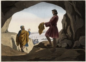 David zeigte Saul das Stück seines Mantels: David weigerte sich, König Saul zu töten, der von Gott in die Höhle geliefert wurde, und schnitt nur ein Stück seines Mantels ab. Anonyme Gravur aus der Mitte des 19. Jahrhunderts. von Unknown artist