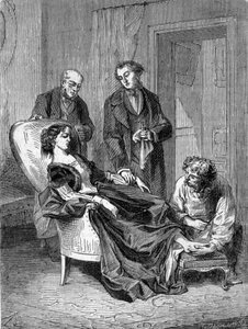 Tod des Mädchens Hannah Greener im Alter von fünfzehn Jahren nach einer der ersten Chloroform-Anästhesien am 28.01.1848. Gravur von 1869.
