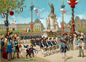 Parade der Kinder der Schulbataillone auf dem Place de la République am 14/07/1883 in Paris. Lithographie des 19. Jahrhunderts Paris, Musée Carnavalet