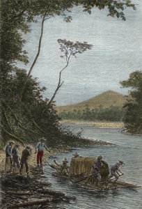 Abstieg des Amazonas (1743-1744) - Der Start des Floßes von Charles Marie de La Condamine (1701-1774), Gravur von Unknown artist