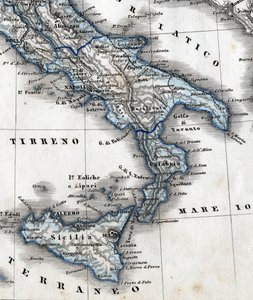 Detail einer geografischen Karte, die Süditalien darstellt (Regionen Kampanien, Kalabrien, Sizilien, Apulien, Molise, Abruzzen). 19. Jahrhundert von Unknown artist