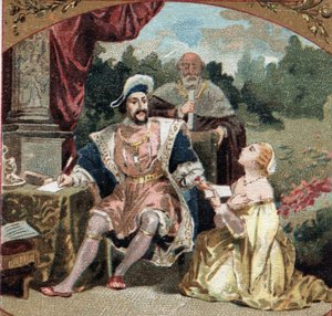 Diane de Poitiers (1499-1566) Dame von Brézé, im Schloss von Anet (Eure-et-Loir) bittet Franz I. (1494-1547) um Gnade für ihren Vater. Chromolithographie aus dem späten 19. Jahrhundert