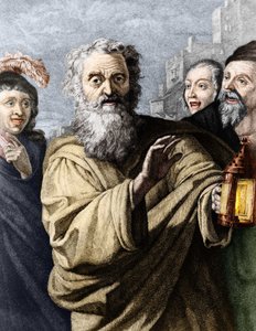 Diogenes (kynischer Philosoph) und seine Laterne, mit der er einen ehrlichen Mann suchte. Gravur des 19. Jahrhunderts