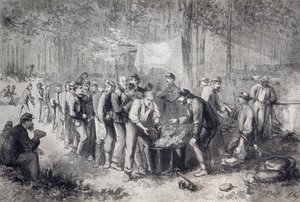 Verteilung von Rationen an eine nordamerikanische Militäreinheit, Vereinigte Staaten von Amerika, Amerikanischer Bürgerkrieg, Gravur von Unknown artist