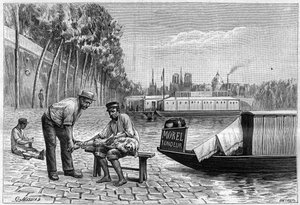 Hundeschlachtung in der Nähe der Solferino-Brücke in Paris - Kupferstich in „La nature“ von 1892