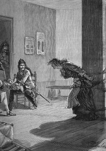 Dragonnaden (1685-1686) - Folter einer protestantischen Familie: Soldaten des Königs, Drachen, halten ein Baby, während ihre Mutter an einen Pfahl gebunden ist. Gravur des 19. Jahrhunderts. In „Histoire de France“ von Jules Michelet.