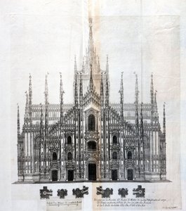 Zeichnung der Fassade des Doms von Mailand, die ihre Einheit mit dem Gebäude zeigt. Viele architektonische Projekte wurden um das 17. Jahrhundert herum entworfen, um die Fassade zu vervollständigen, die unvollendet geblieben war