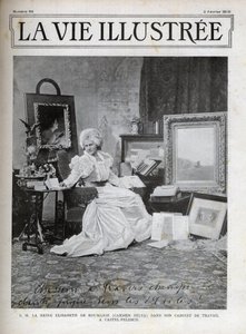 Elisabeth von Wied Königin von Rumänien 1843-1916 - Elisabeth de Wied - Elisabeth Pauline Ottilie Louise de Wied (bekannt unter dem Pseudonym Carmen Sylva), in ihrem Büro im Schloss Pelesch - Titelbild der illustrierten Zeitschrift von 1900 von Unknown artist