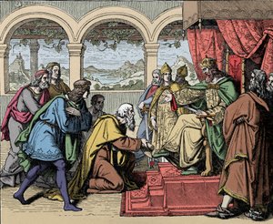 Kaiser Friedrich I. Barbarossa (1122-1190) (Friedrich I. von Hohenstaufen) auf seiner zweiten Reise nach Italien 1158 überquert den Fluss Adda und trifft die Leute von Lodi, die ihn bitten, ihr Territorium zurückzubekommen von Unknown artist