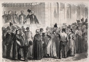 Kaiser Napoleon III. auf der Terrasse der Villa von Strauss in Vichy, begrüßt vom Volk am 7. Juli 1861 - Gravur in „The Illustrous World“